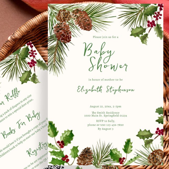 Elegant Double Sided Winter Greenery Baby Shower Invitation (Creator Uploaded)