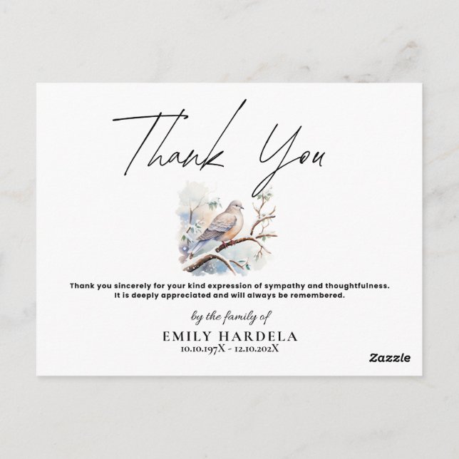 Elegant Dove Funeral Simple Script Thank You Card (Back)