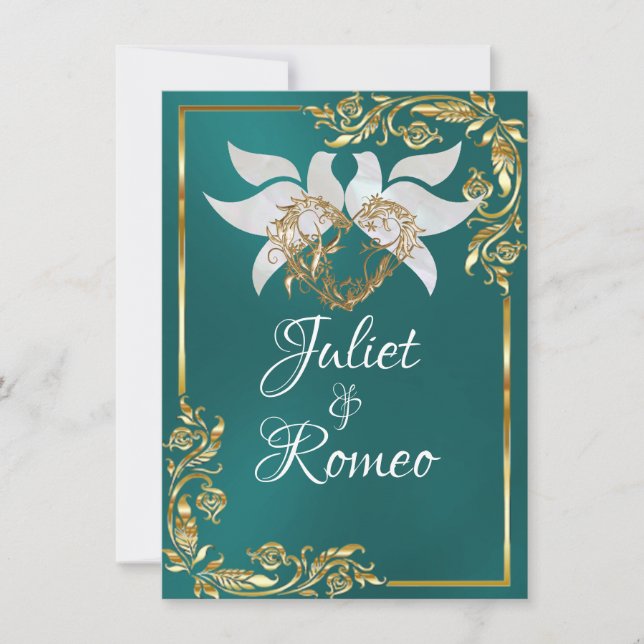 Elegant Doves, Heart, & Gold Leaves on Teal Invitation (Front)