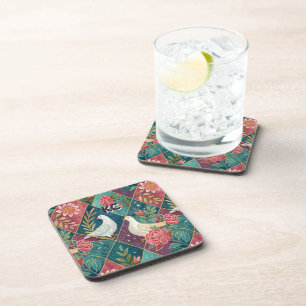Elegant Doves Pink Floral & Gold Geometric Plastic Coaster