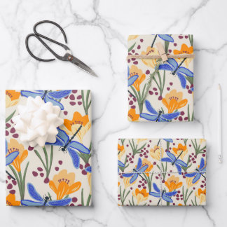 Elegant Dragonfly and Crocus floral Pattern Wrapping Paper Sheet