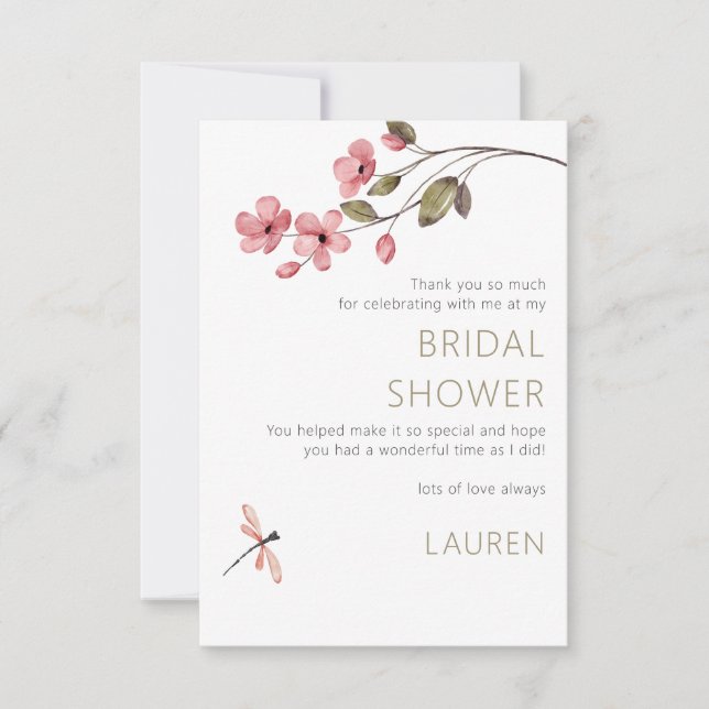 Elegant Dragonfly Blossom Bridal Shower Thank You Card (Front)