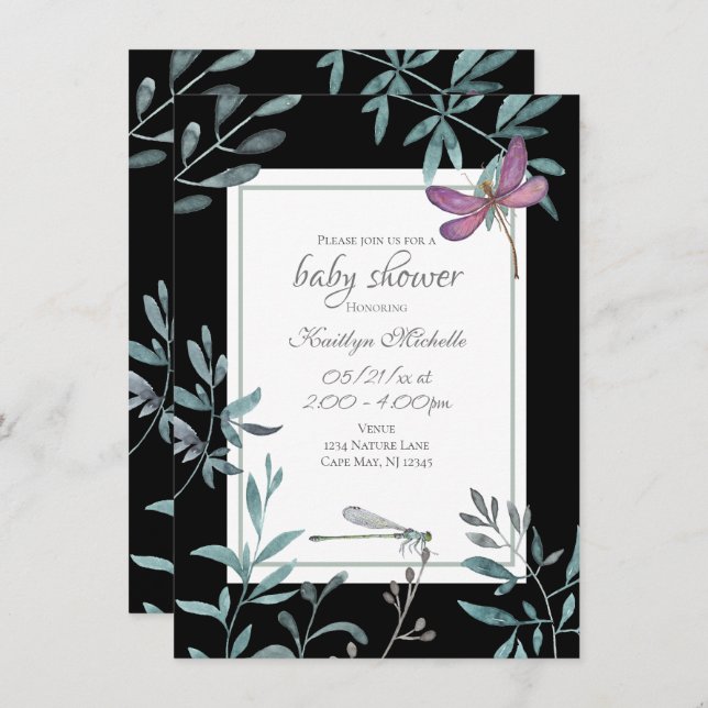 Elegant Dragonfly Garden Greenery Baby Shower Invitation (Front/Back)