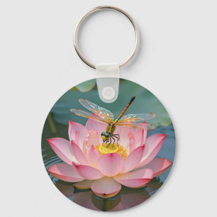 Elegant Dragonfly Pink Lotus Art Nouveau Frame Key Ring