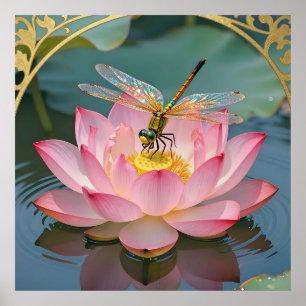 Elegant Dragonfly Pink Lotus Art Nouveau Frame Poster