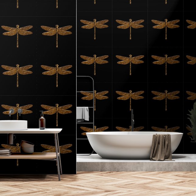 Elegant, Dramatic Black and Gold Dragonfly Fantasy Wallpaper (Bathroom)