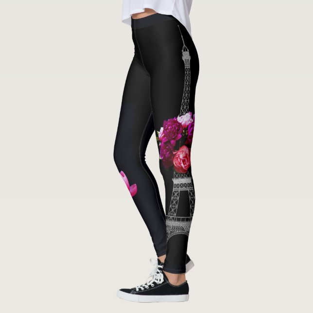 Elegant Dramatic Peonies And Eiffel Tower Leggings (Left)