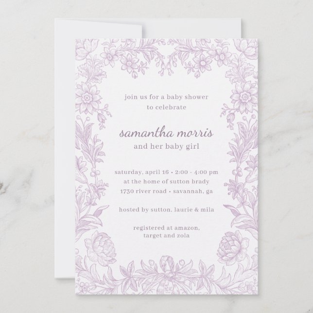Elegant Drawn Floral Lavender Baby Shower Invitation (Front)