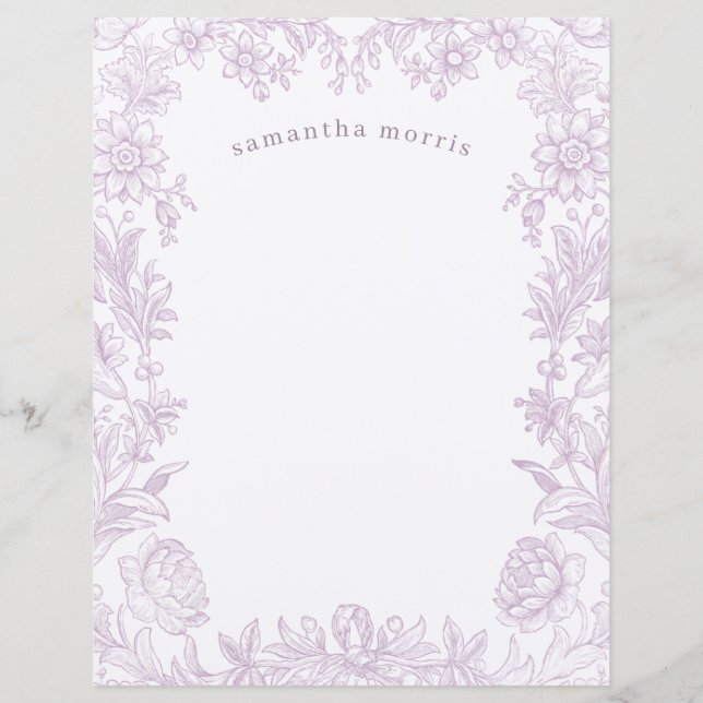 Elegant Drawn Floral Lavender Writing Paper (Front)