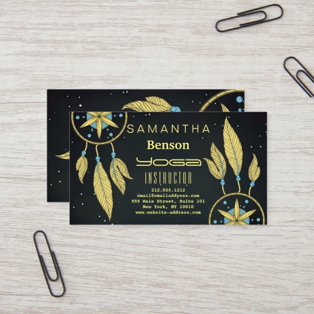 Elegant  Dream Catcher Feathers Yoga Instructor Business Card (Front/Back In Situ)