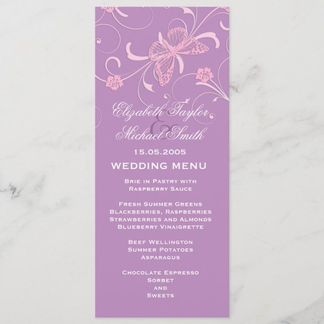 Elegant Dream Lavender Butterfly Wedding Menu (Front)