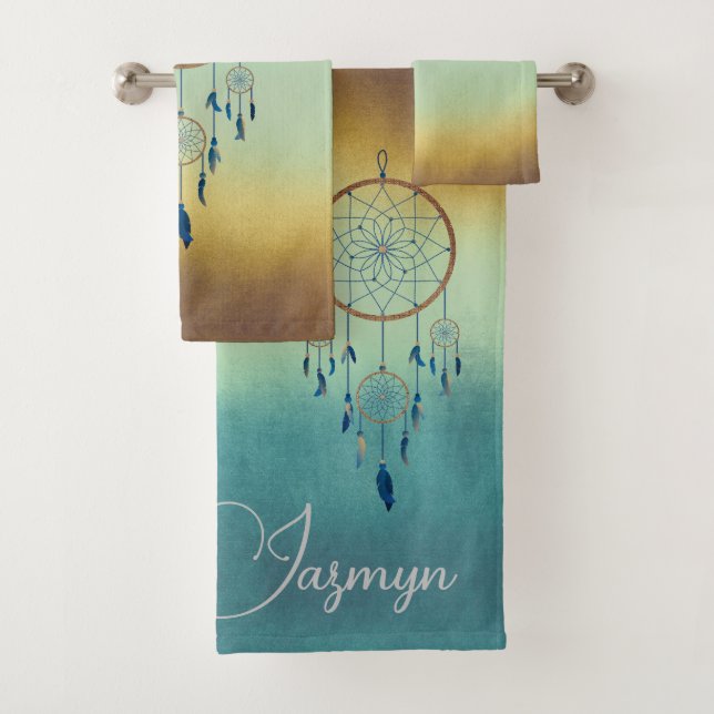 Elegant dreamcatcher o  blue brown personalised bath towel set (Insitu)