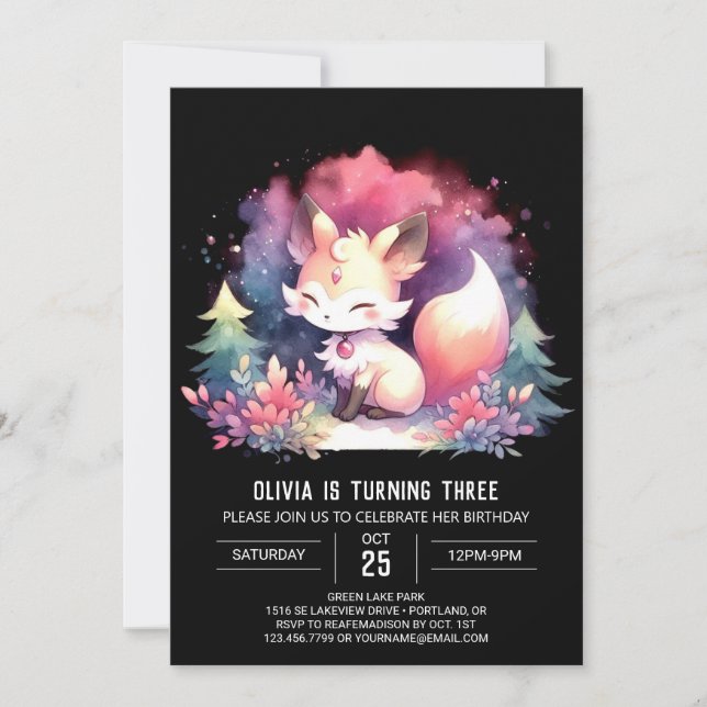 Elegant Dreamy Fox Birthday digital Invitation (Front)