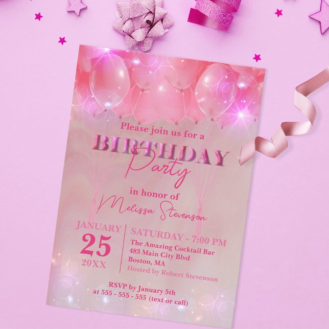 Elegant Dreamy Sparkly Pink Balloon Birthday Party Invitation (Creator Uploaded)
