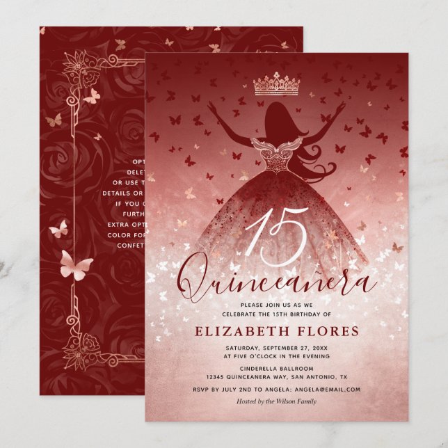 Elegant Dress Burgundy Rose Gold Pink Quinceanera Invitation (Front/Back)
