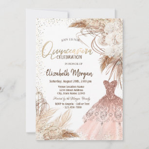 Elegant Dress,Confetti Boho Flowers Quinceañera  Invitation