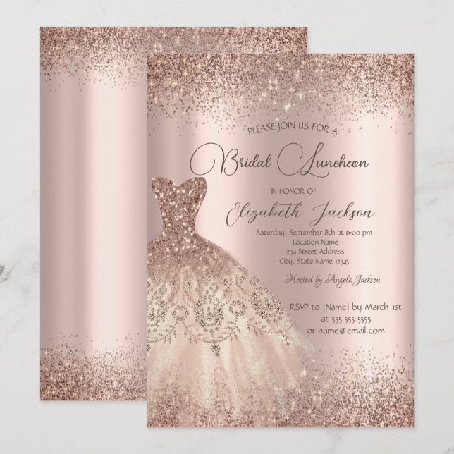 Elegant Dress Confetti Rose Gold Bridal Luncheon  Invitation (Front/Back)