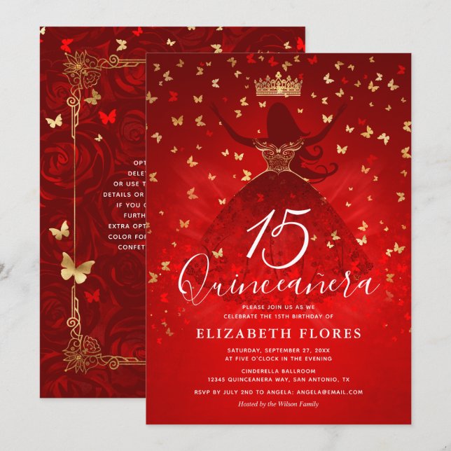 Elegant Dress Crown Red and Gold Quinceanera Invitation (Front/Back)
