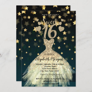 Elegant Dress Gold Stars Glitter Sweet 16 Party Invitation