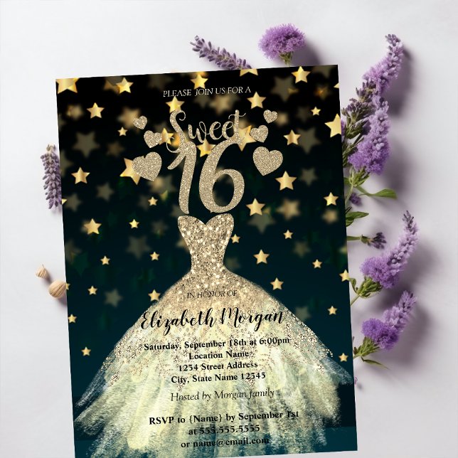 Elegant Dress Gold Stars Glitter Sweet 16 Party Invitation (Creator Uploaded)