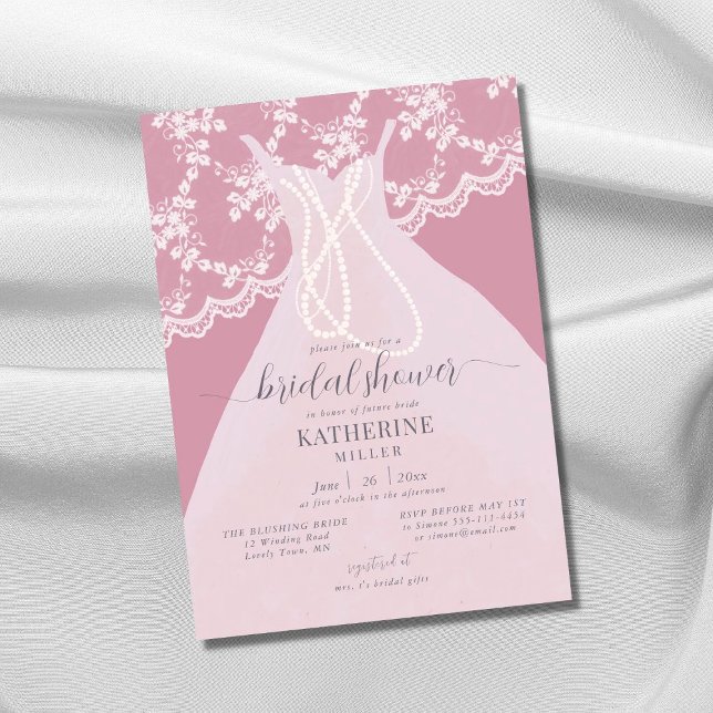 Elegant Dress Lace Pearls Pink Blush Bridal Shower Invitation (Creator Uploaded)
