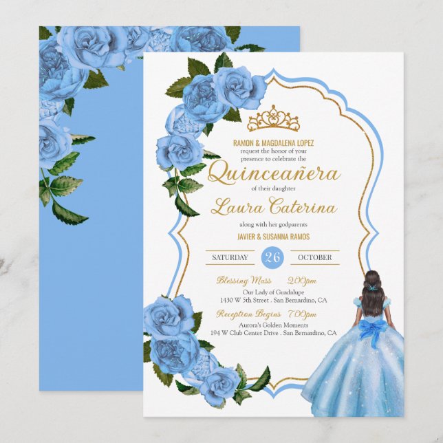 Elegant Dress Quinceanera Light Blue Roses Invitat Invitation (Front/Back)