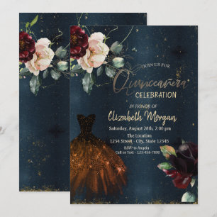 Elegant Dress,Roses Dark Blue Quinceañera Invitation