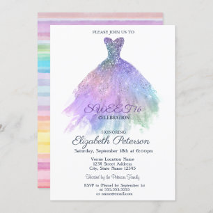 Elegant Dress Watercolor Colourful Striped Sweet 1 Invitation