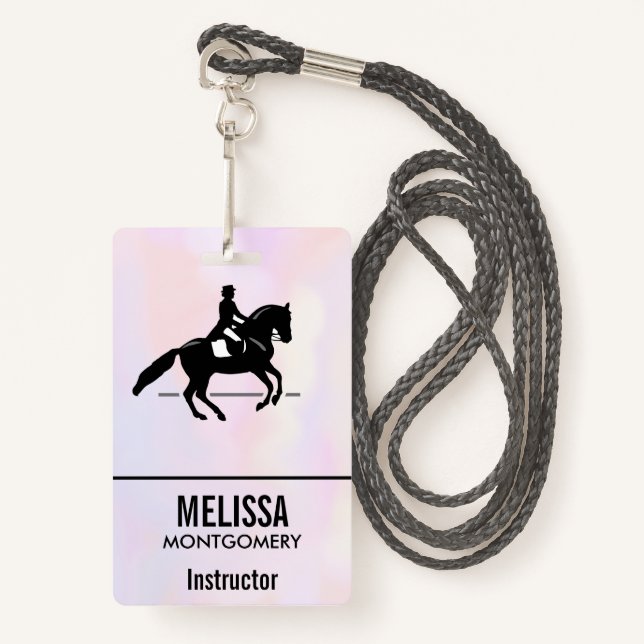 Elegant Dressage Rider on a Watercolor Background ID Badge (Front with Lanyard)