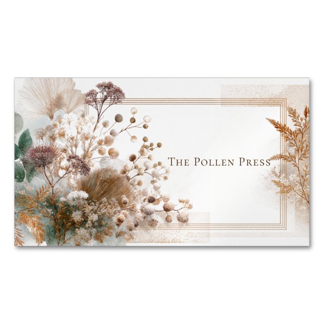 Elegant Dried Floral Bohemian Gold Glitter Magnetic Business Card (Front)