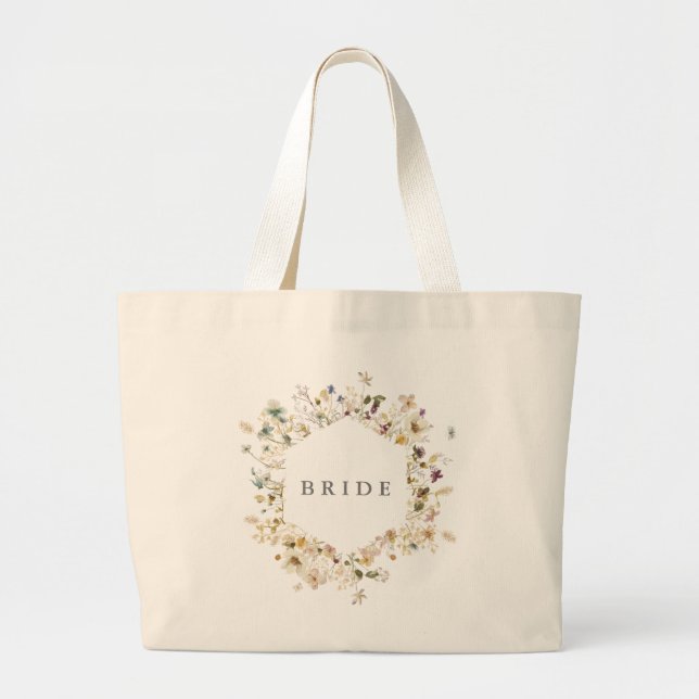 Elegant Dried Wildflower Pampas Bride Wedding Large Tote Bag (Front)