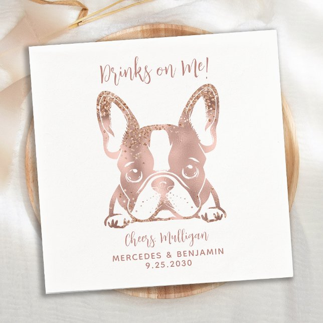 Elegant Drinks On Me French Bulldog Rose Wedding Napkin (Creator Uploaded)