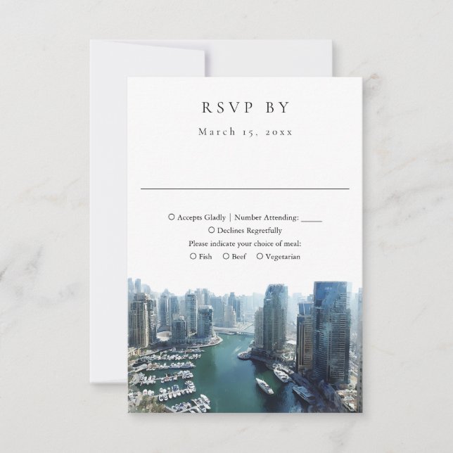 Elegant Dubai Skyline Watercolor Wedding RSVP Card (Front)