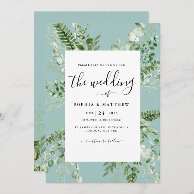 Elegant Duck Egg Eucalyptus Wedding Invitation (Front/Back)