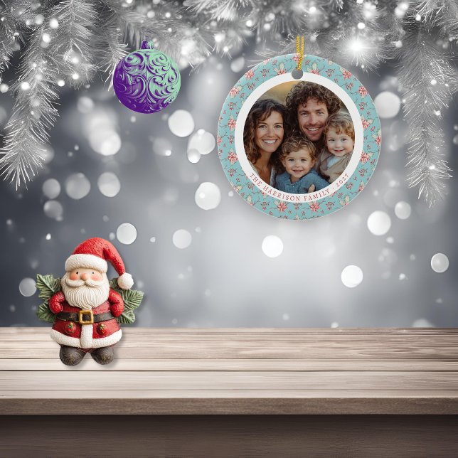 Elegant Duck Egg Holly Christmas Photo Ceramic Tree Decoration (elegant duck egg blue holly photo hanging decoration)