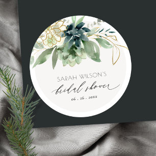 Elegant Dusky Blue Green Succulent Bridal Shower Classic Round Sticker