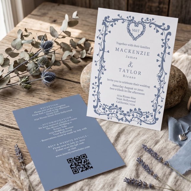 Elegant Dusky Blue Wedding French Frame Heart Invitation (Elegant Dusky Blue Wedding French Frame Heart Invitation
by Ricaso. Monogrammed couples initials)