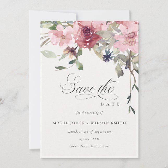 Elegant Dusky Blush Rose Floral Save the Date Card (Front)