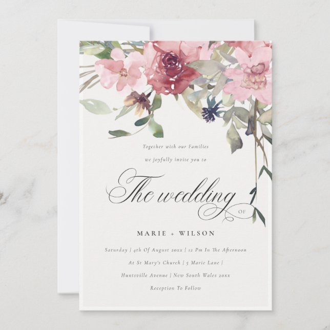 Elegant Dusky Blush Rose Floral Wedding Invite (Front)