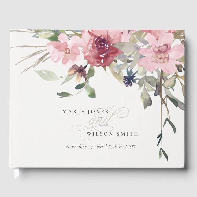 Elegant Dusky Blush Rose Wildflower Floral Wedding Guest Book (Front)