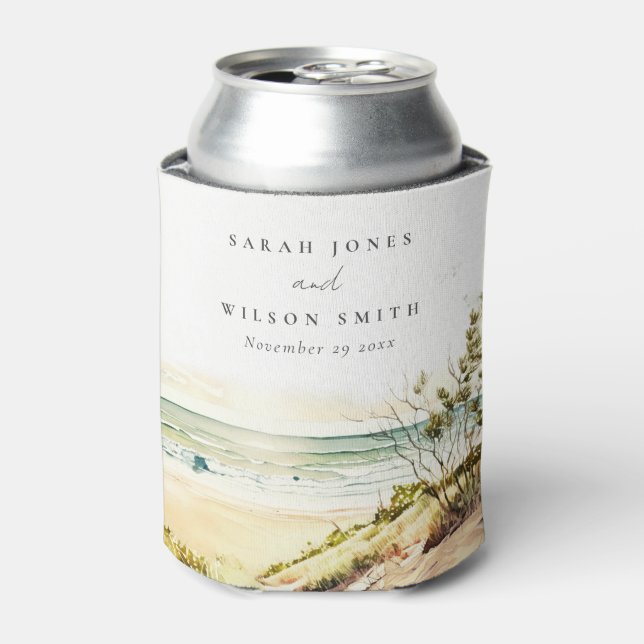 Elegant Dusky Coastal Beach Sun Seascape Wedding Can Cooler (Can Front)