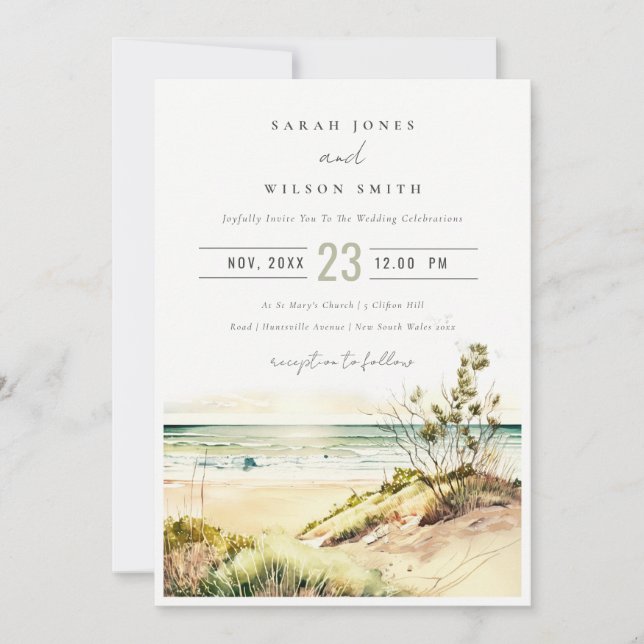 Elegant Dusky Coastal Beach Sun Seascape Wedding Invitation (Front)