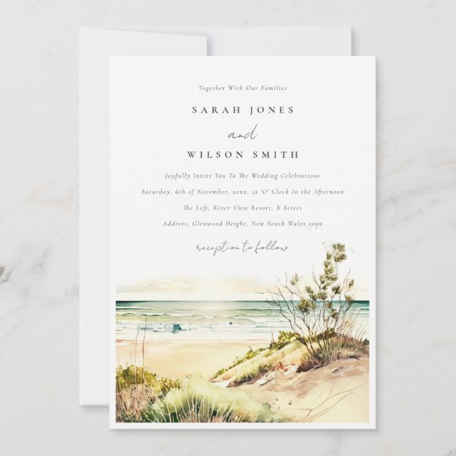 Elegant Dusky Coastal Beach Sun Seascape Wedding Invitation (Front)