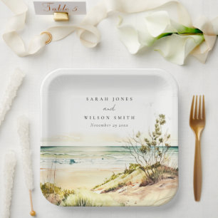 Elegant Dusky Coastal Beach Sun Seascape Wedding Paper Plate
