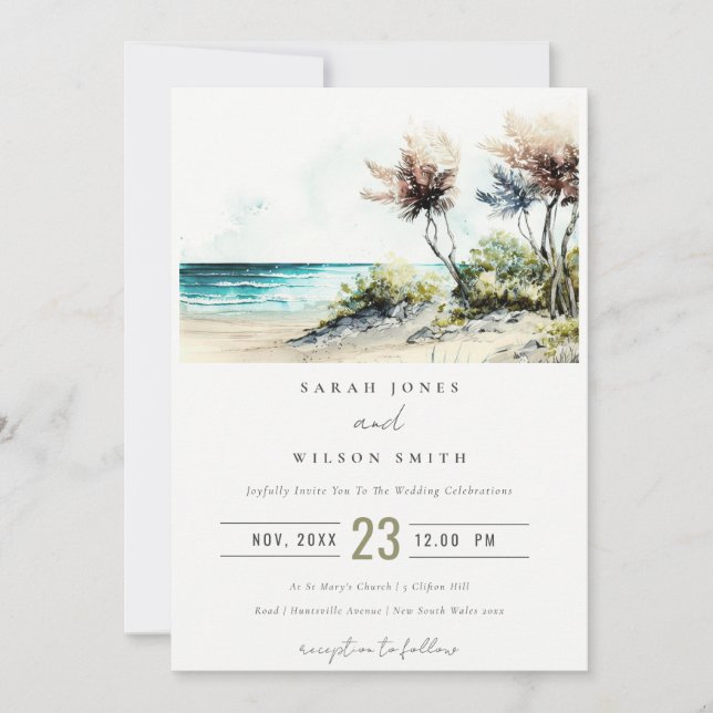 Elegant Dusky Coastal Palm Beach Seascape Wedding Invitation (Front)