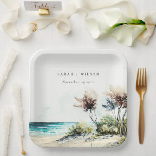 Elegant Dusky Coastal Palm Beach Seascape Wedding Paper Plate