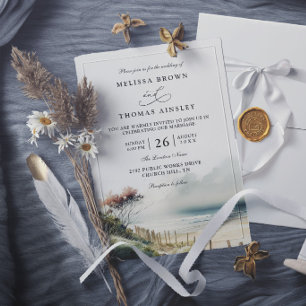 Elegant Dusky Coastal Sand Beach Modern Wedding Invitation