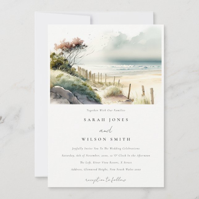 Elegant Dusky Coastal Sand Beach Seascape Wedding Invitation (Front)