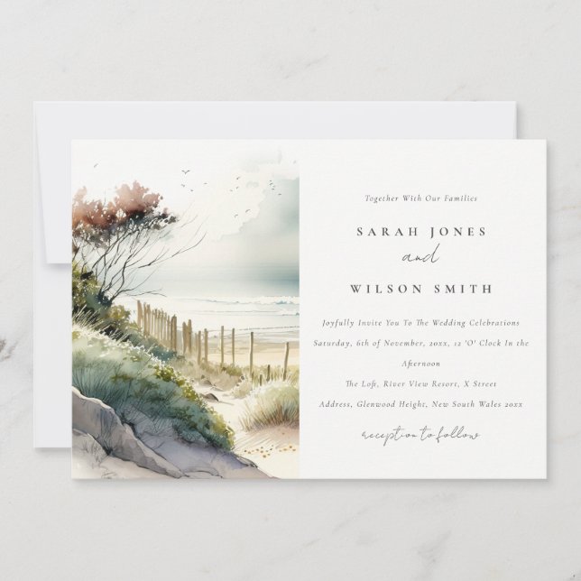 Elegant Dusky Coastal Sand Beach Seascape Wedding Invitation (Front)