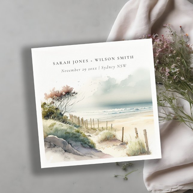 Elegant Dusky Coastal Sand Beach Seascape Wedding Napkin (Creator Uploaded)